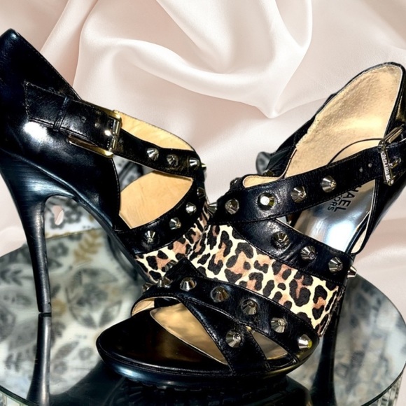 Michael Kors Leather & Calf Hair Leopard Print Studded High Open Toe Heels 7.5M